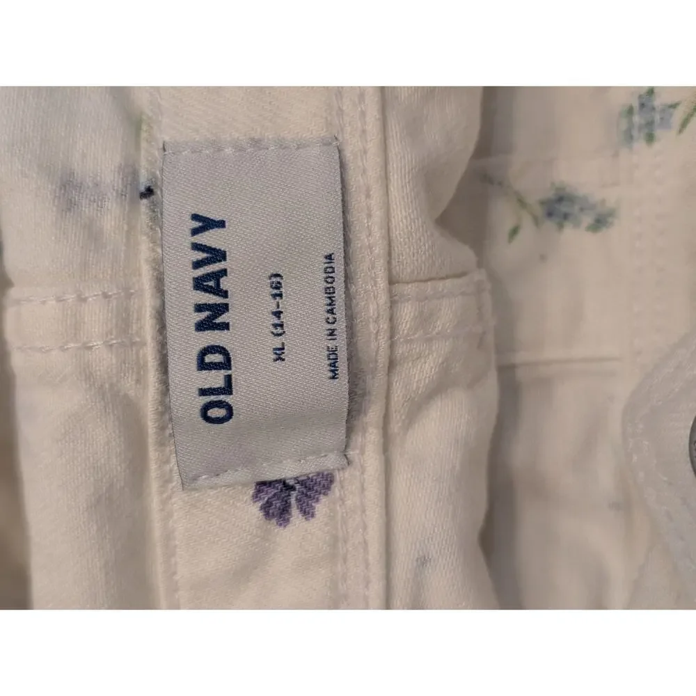 Old Navy Denim Short Overalls, White, Blue Flowers, NWOT, Girl's XL 14/16